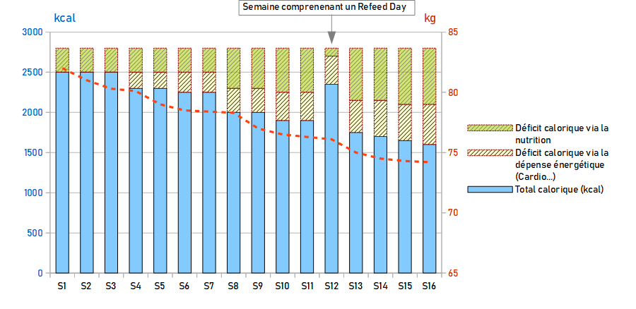Graphic representation showing week by week (pendant 16 weeks) how i lost weight and fat (7.5 kg)
