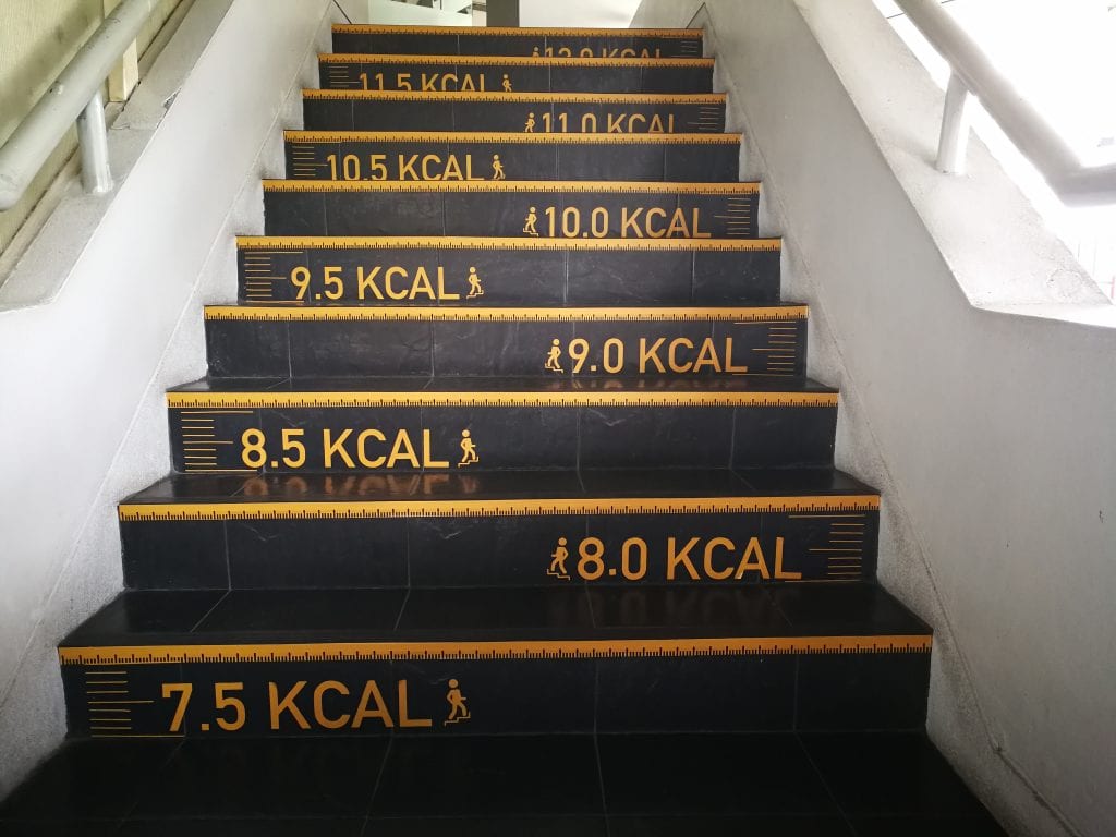 Stairs with indication of calories burned at each step climbed. Climbing the stairs regularly helps you lose fat.