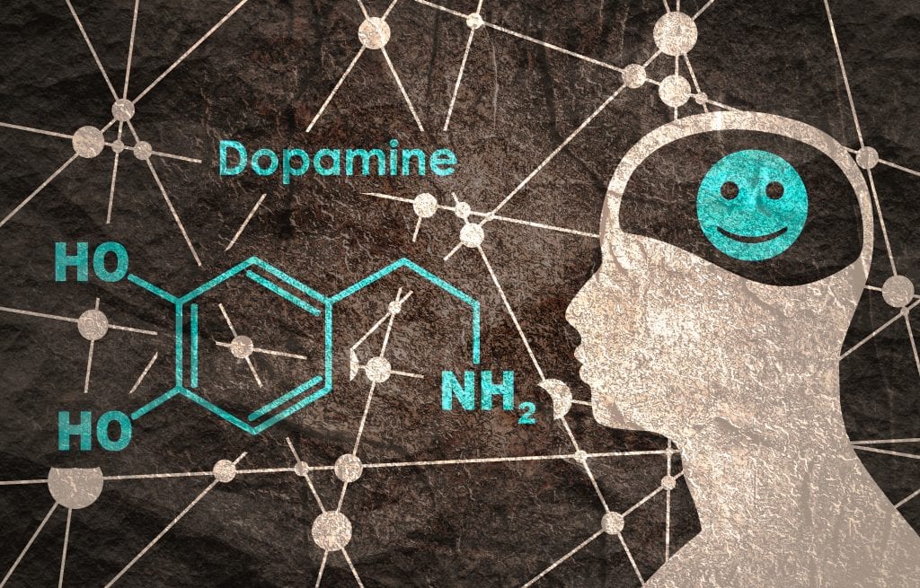 Chemical formula of dopamine and representation of the effect of dopamine on the brain.